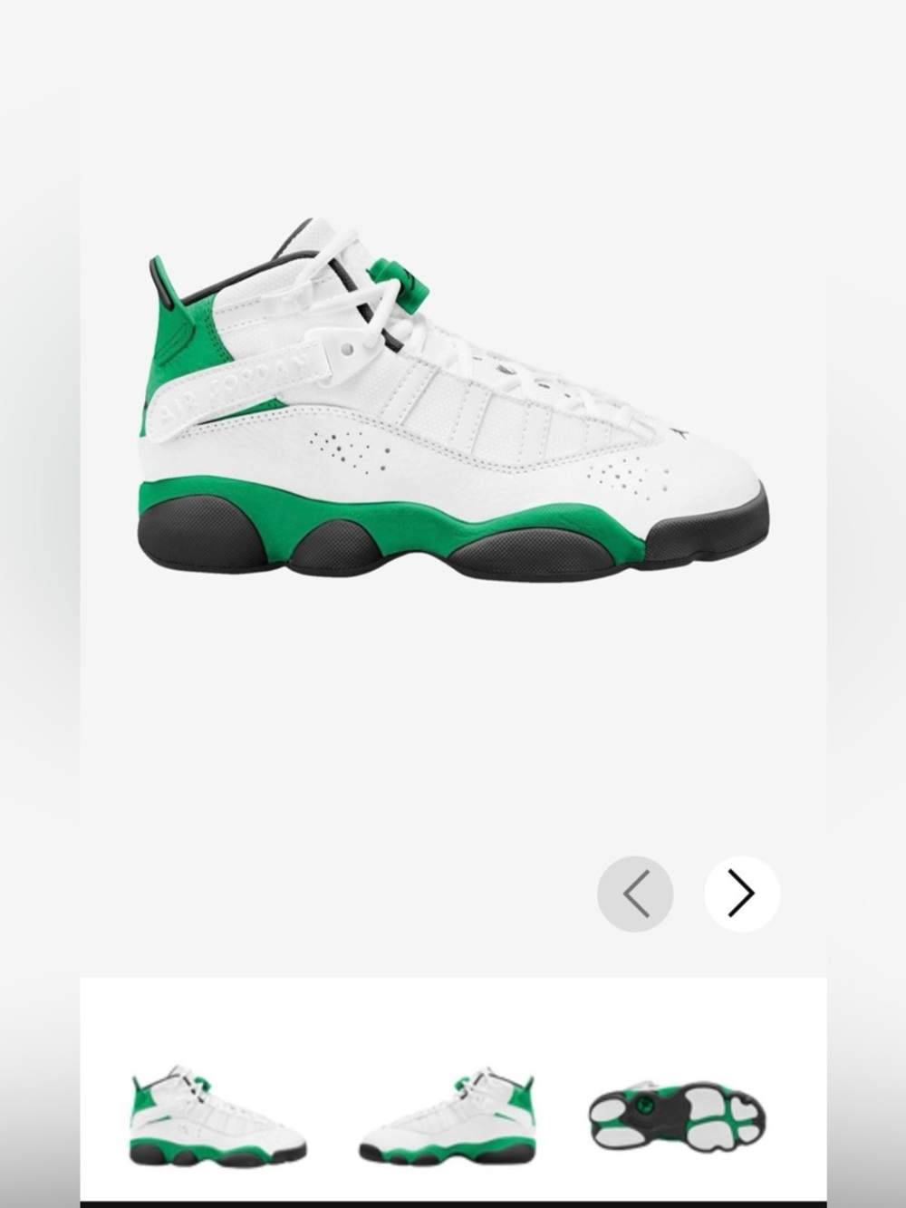 Jordan 6 Rings GS in White, Lucky Green & Black. See size on a box label photo